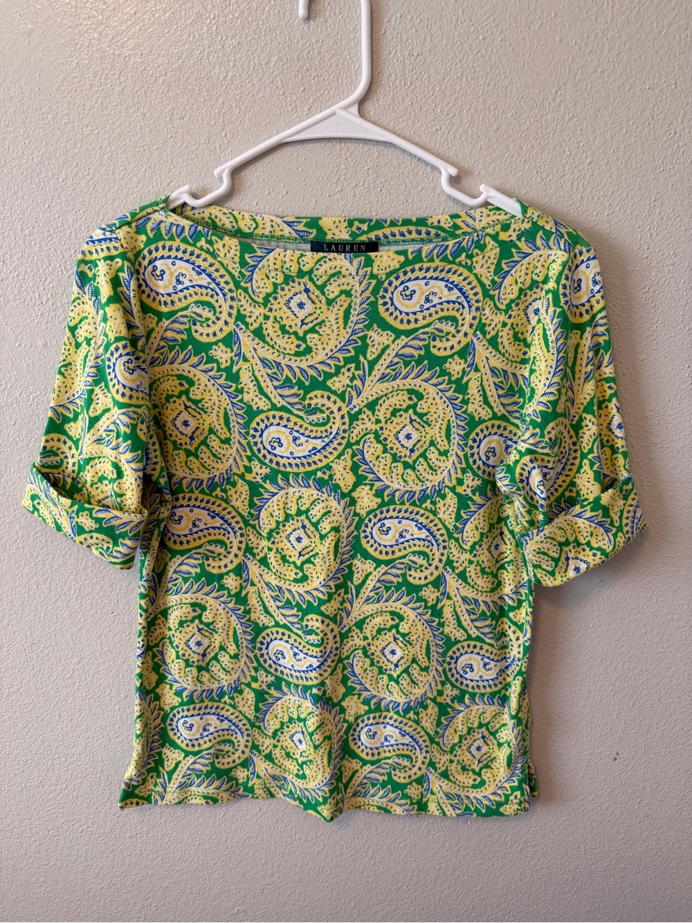 Lauren Ralph Lauren Paisley Boatneck Top Cuffed Sleeves Green Yellow Vibrant